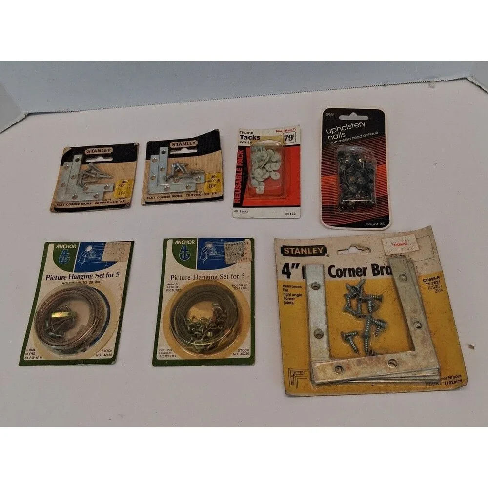 VTG Hardware Lot Stanley Anchor Picture Hangers Tacks Upholstery Nails USA, NOS